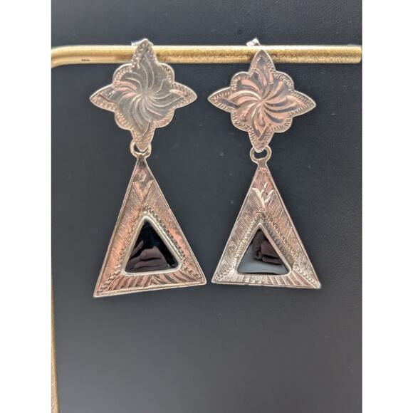 Vintage 925 LEX Sterling Silver Black Onyx Dangle Post Earrings - Picture 7 of 7